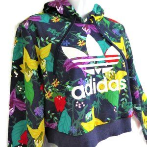 Adidas Sweatshirt Hood Floral Crop Trefoil Navy Ribbed Knit Cuffs Waistband XS